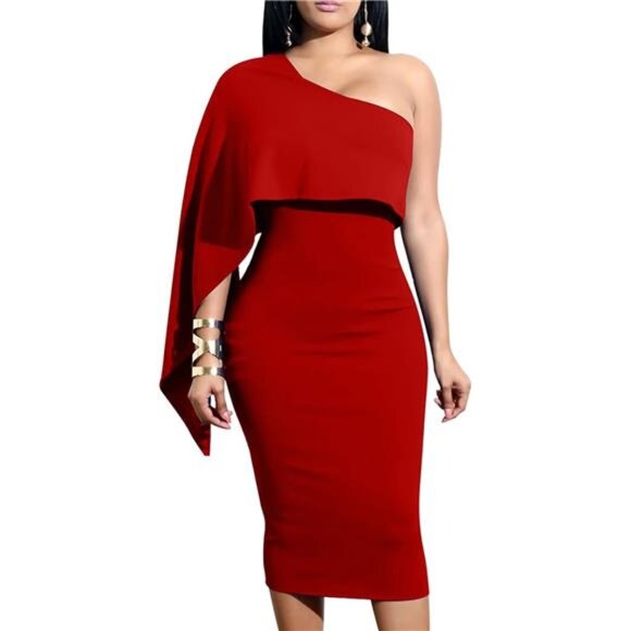 Women's Sexy One Shoulder Ruffle Bodycon Dress Red - Picture 1 of 7